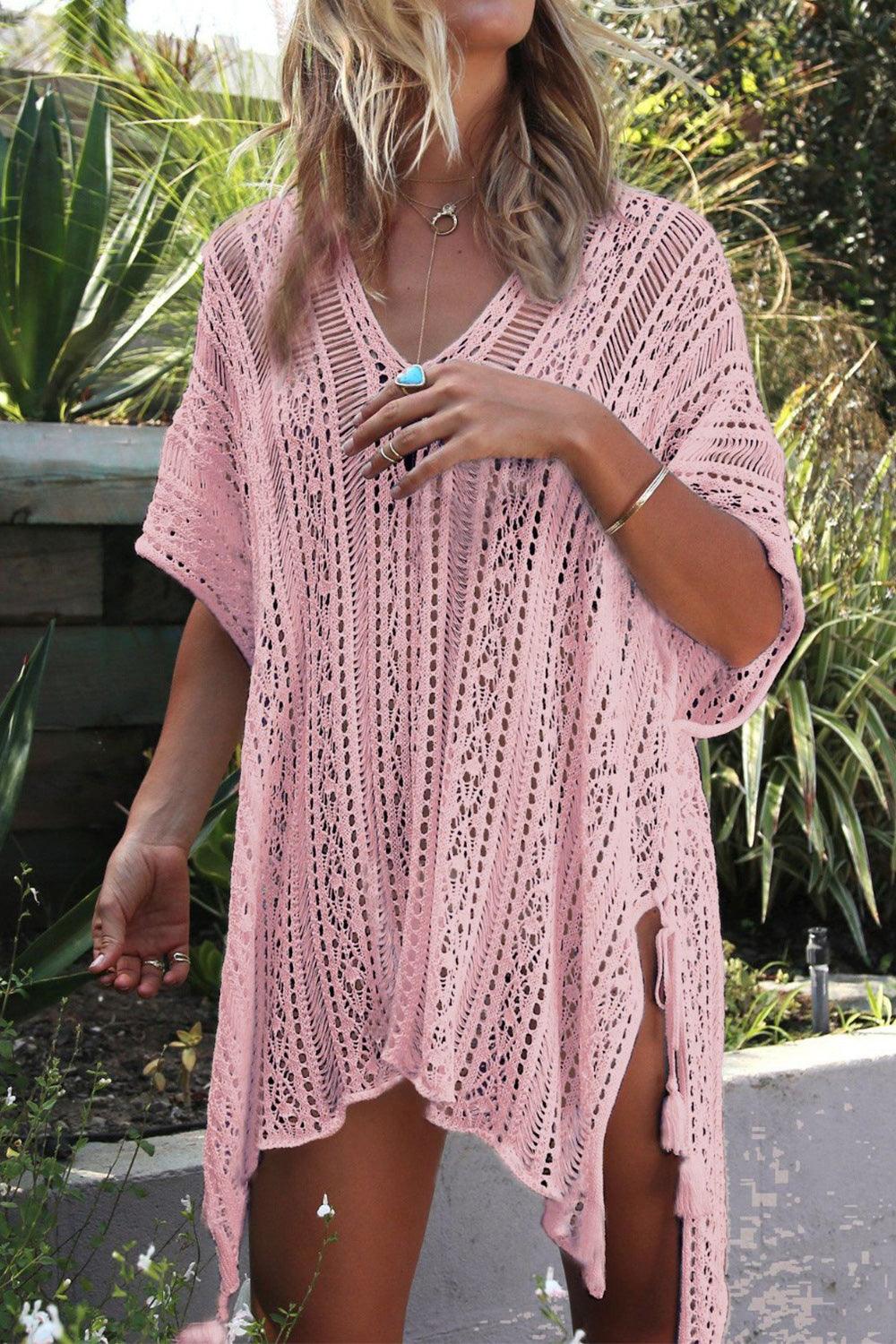 Cutout V-Neck Cover-Up with Tassel Dusty Pink One Size