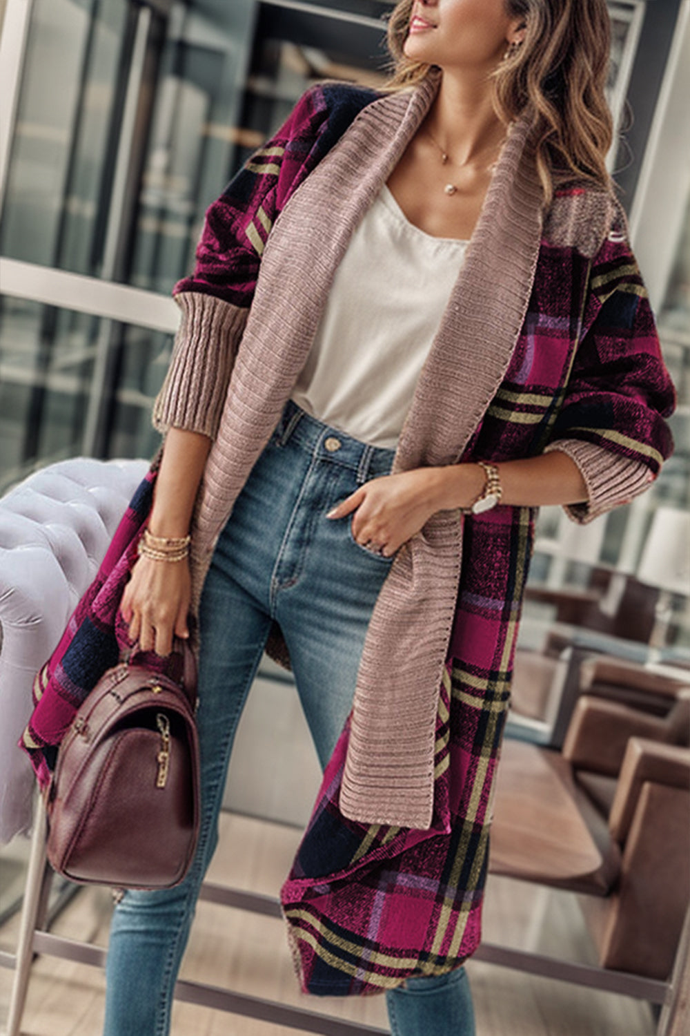 Plaid Open Front Long Sleeve Cardigan - Thandynie