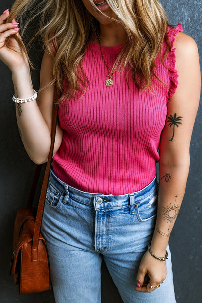 Frill Round Neck Knit Vest Hot Pink