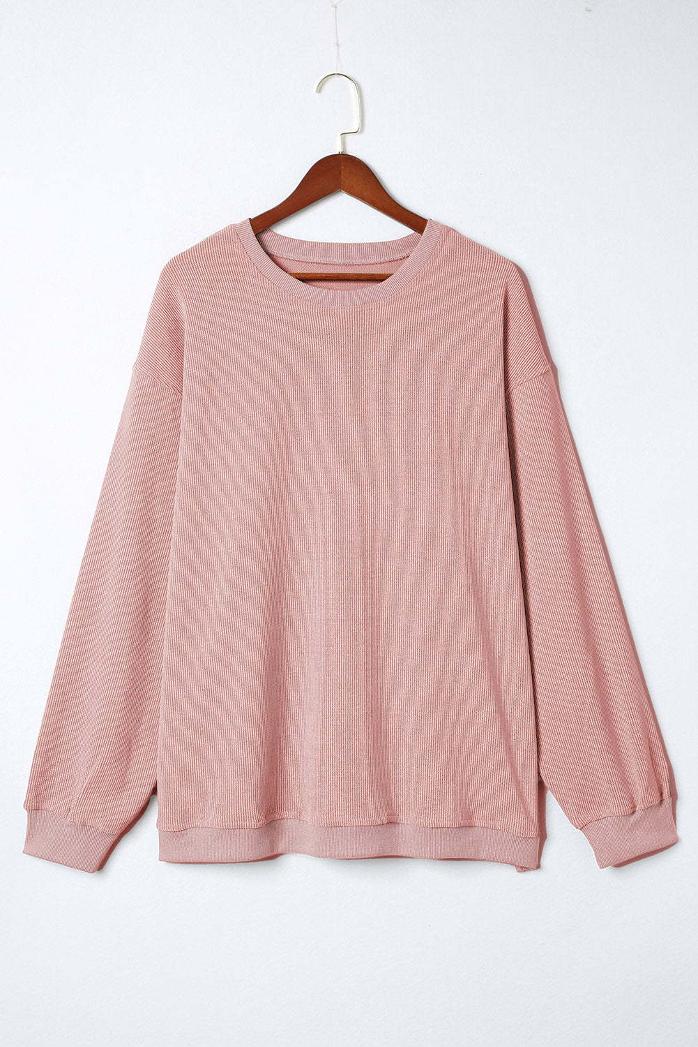 Pink Plus Size Corded Round Neck Sweatshirt