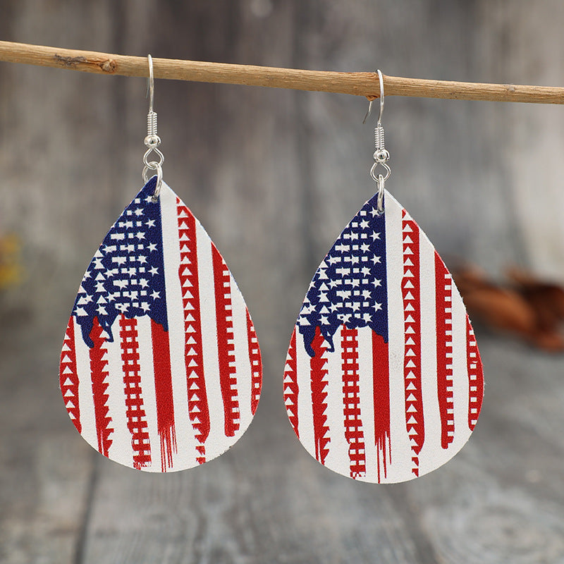 PU Leather US Flag Teardrop Shape Earrings - Thandynie