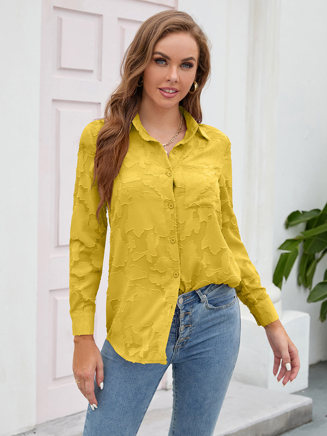 Flower Collared Neck Button Up Shirt Mustard