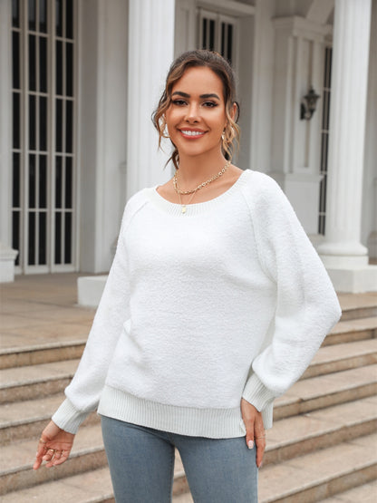 Round Neck Ribbed Trim Sweater White