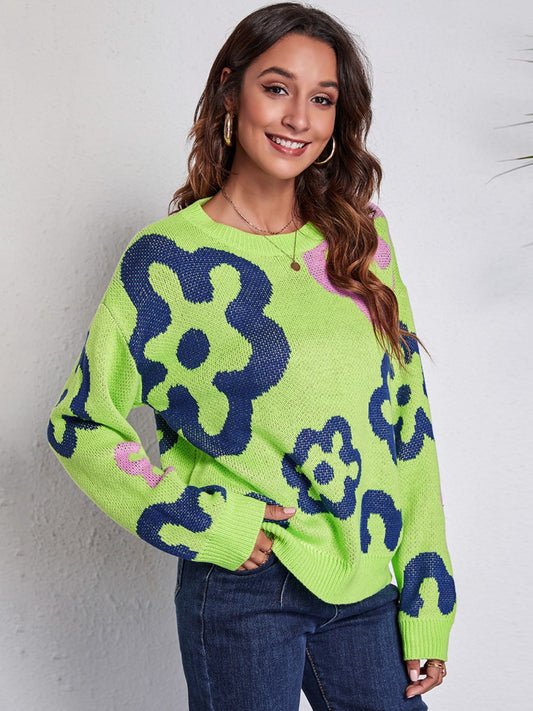 Flower Pattern Round Neck Long Sleeve Sweater Light Green