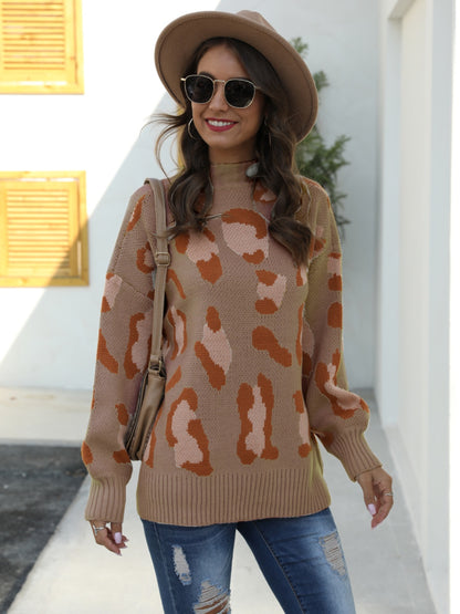 Leopard Mock Neck Dropped Shoulder Sweater Mocha