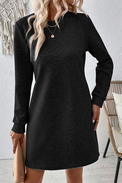 Textured Round Neck Long Sleeve Mini Dress Black