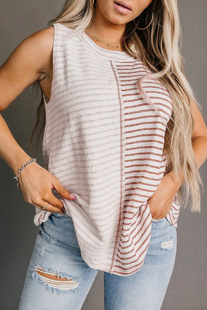 Brown Stripe Colorblock Loose Tank Top Brown Stripe 100%Polyester