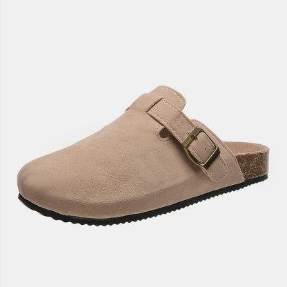 Suede Closed Toe Buckle Slide Camel