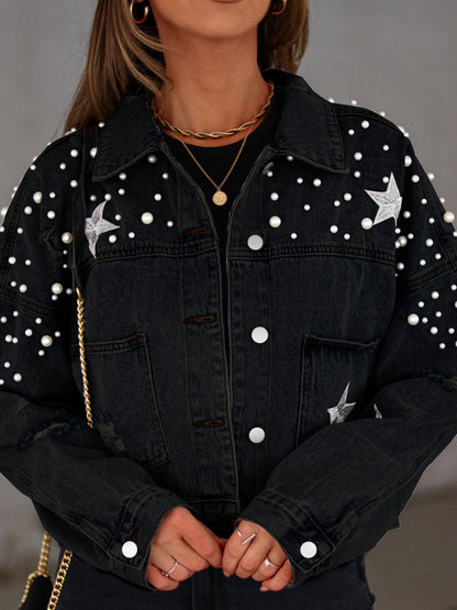 Pearl Trim Button Up Denim Jacket with Pockets Black