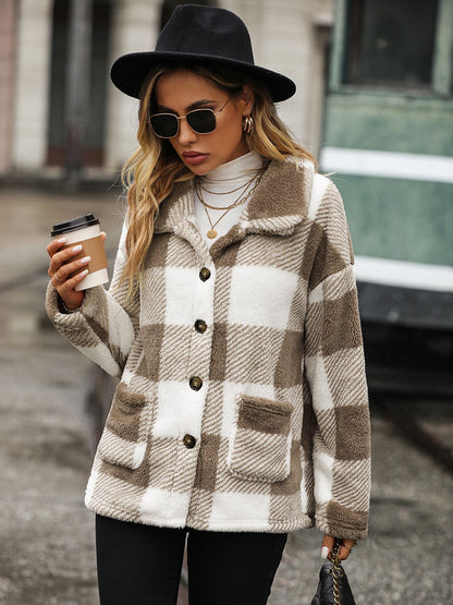 Plaid Collared Neck Button Down Jacket Khaki