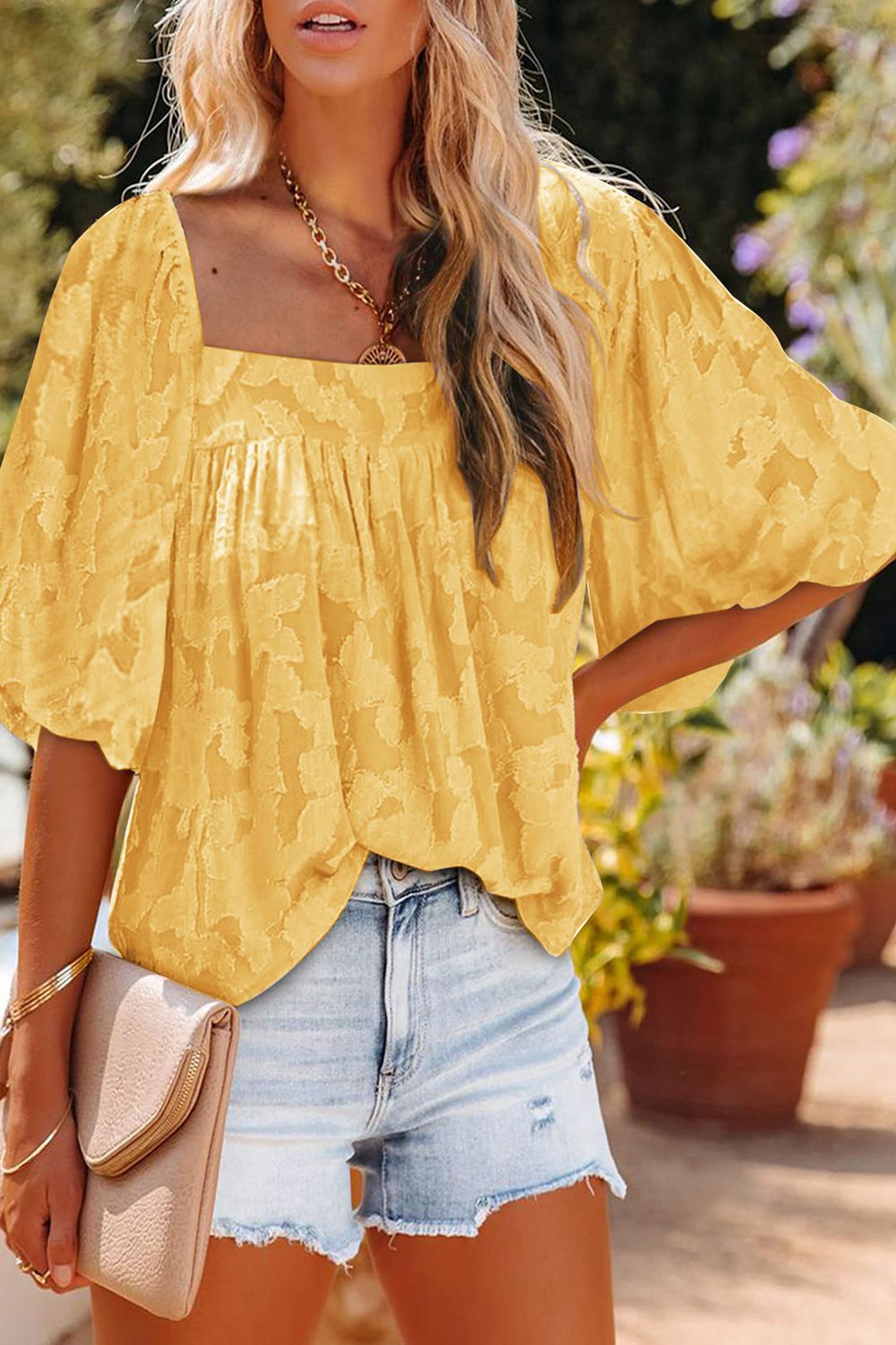 Square Neck Puff Sleeve Blouse Gold