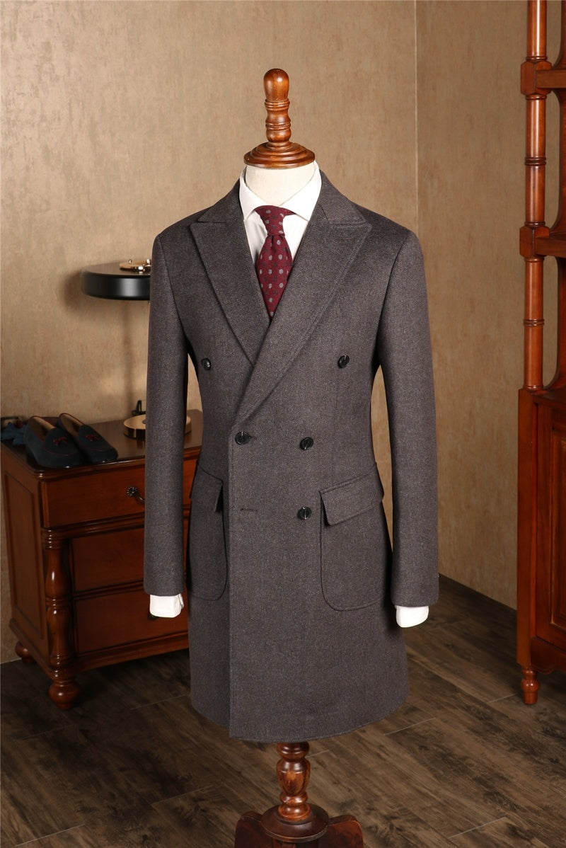 Herringbone Woolen Slim Fit Men's Mid-Length Double Breasted Coat