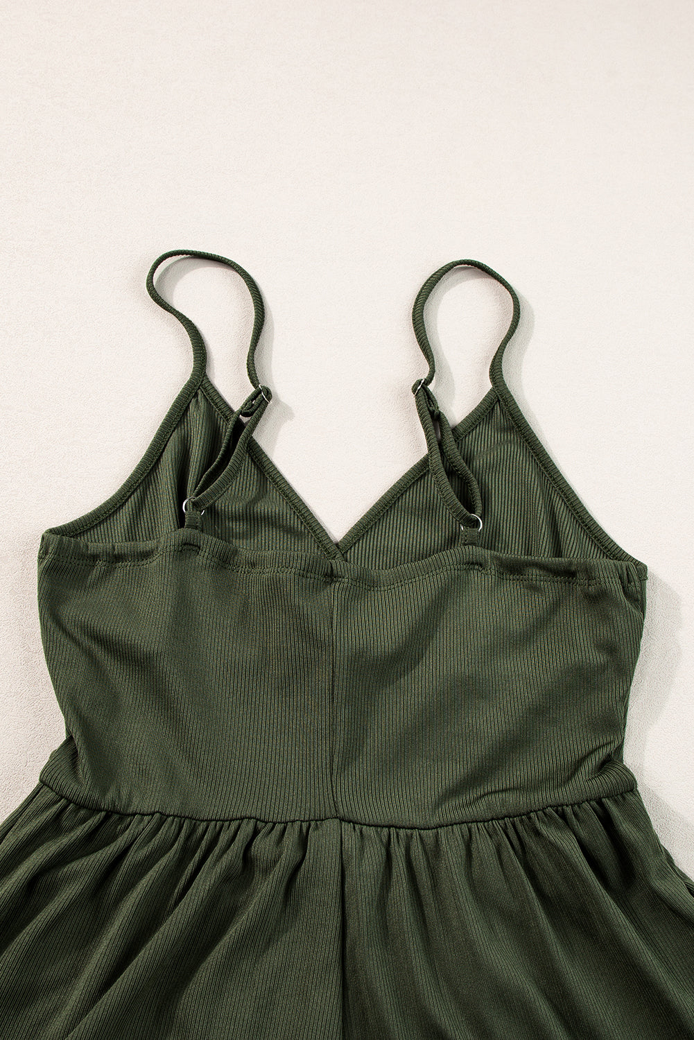 Moss Green Spaghetti Straps Cinched Waist Ribbed Romper