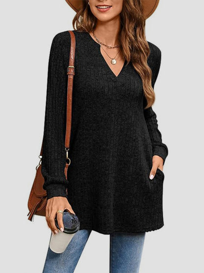 Slit Notched Pocketed Long Sleeve T-Shirt Black