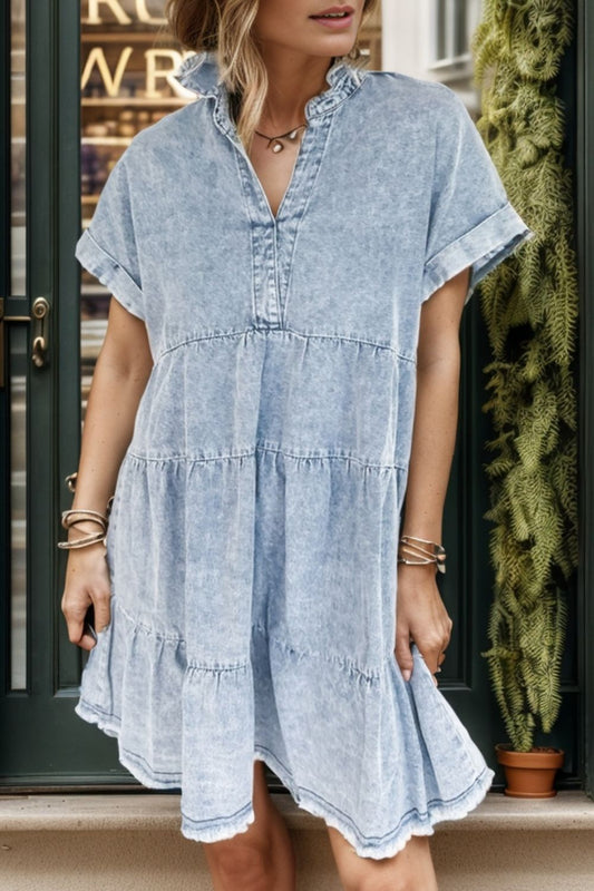 Raw Hem Notched Short Sleeve Denim Dress Light