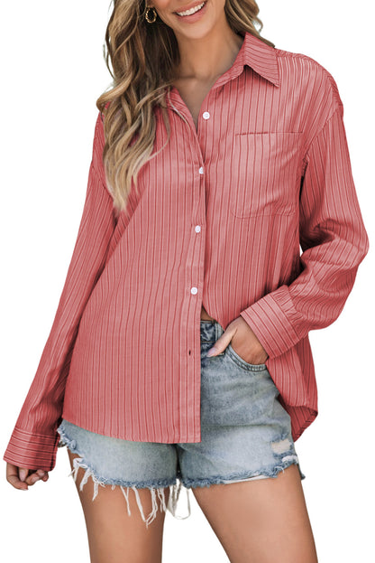 Striped Button Up Long Sleeve Shirt Burnt Coral