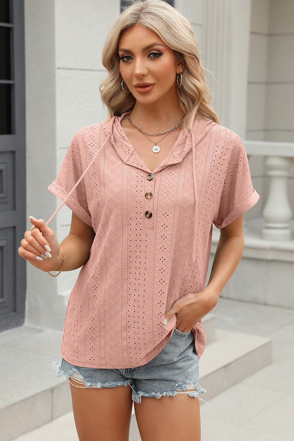 Eyelet Drawstring Hooded Short Sleeve Blouse Dusty Pink