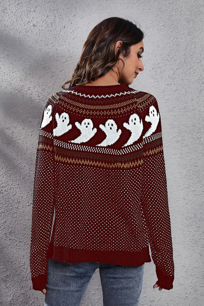 Ghost Pattern Round Neck Long Sleeve Sweater