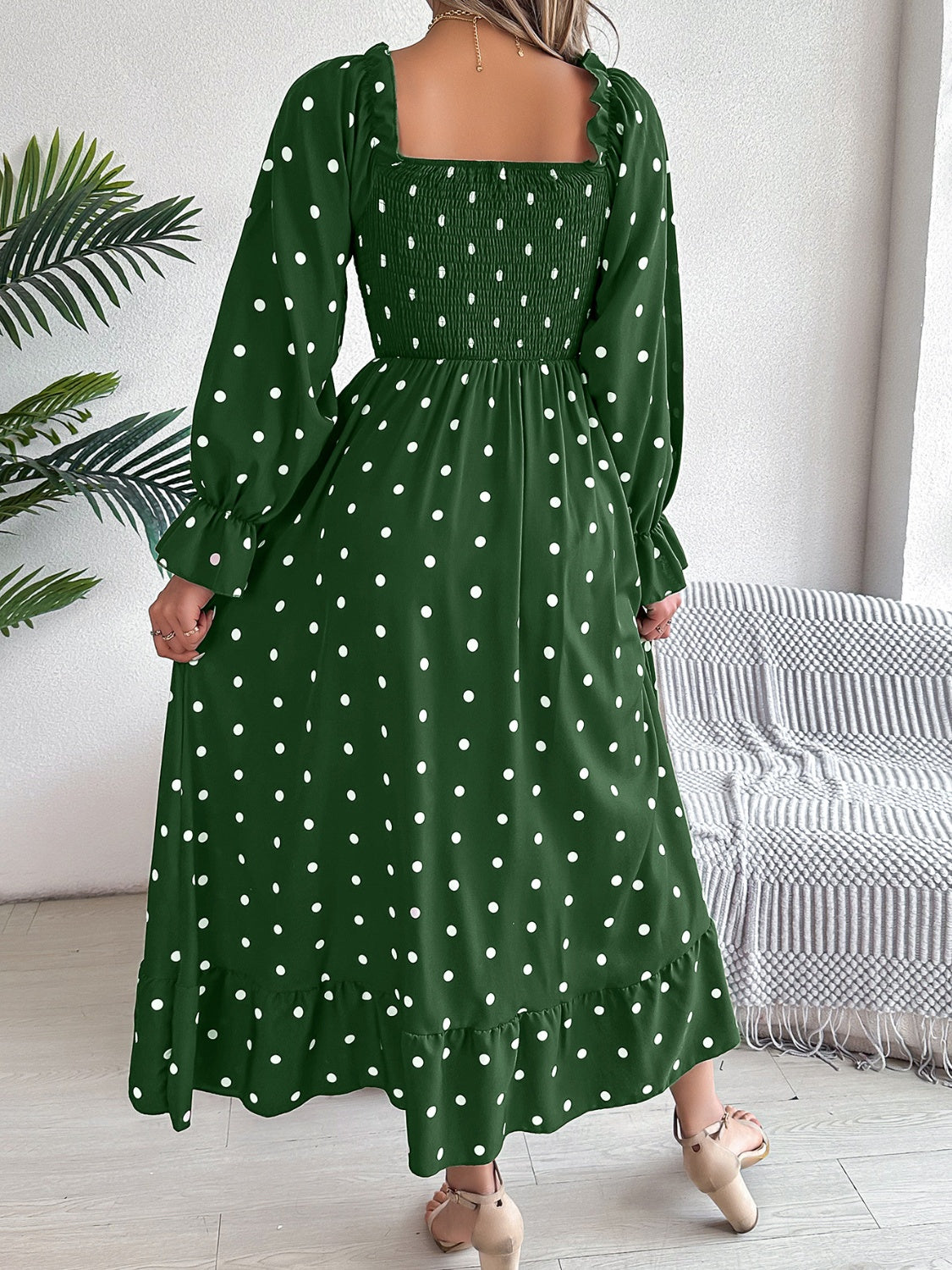 Polka Dot Flounce Sleeve Midi Dress