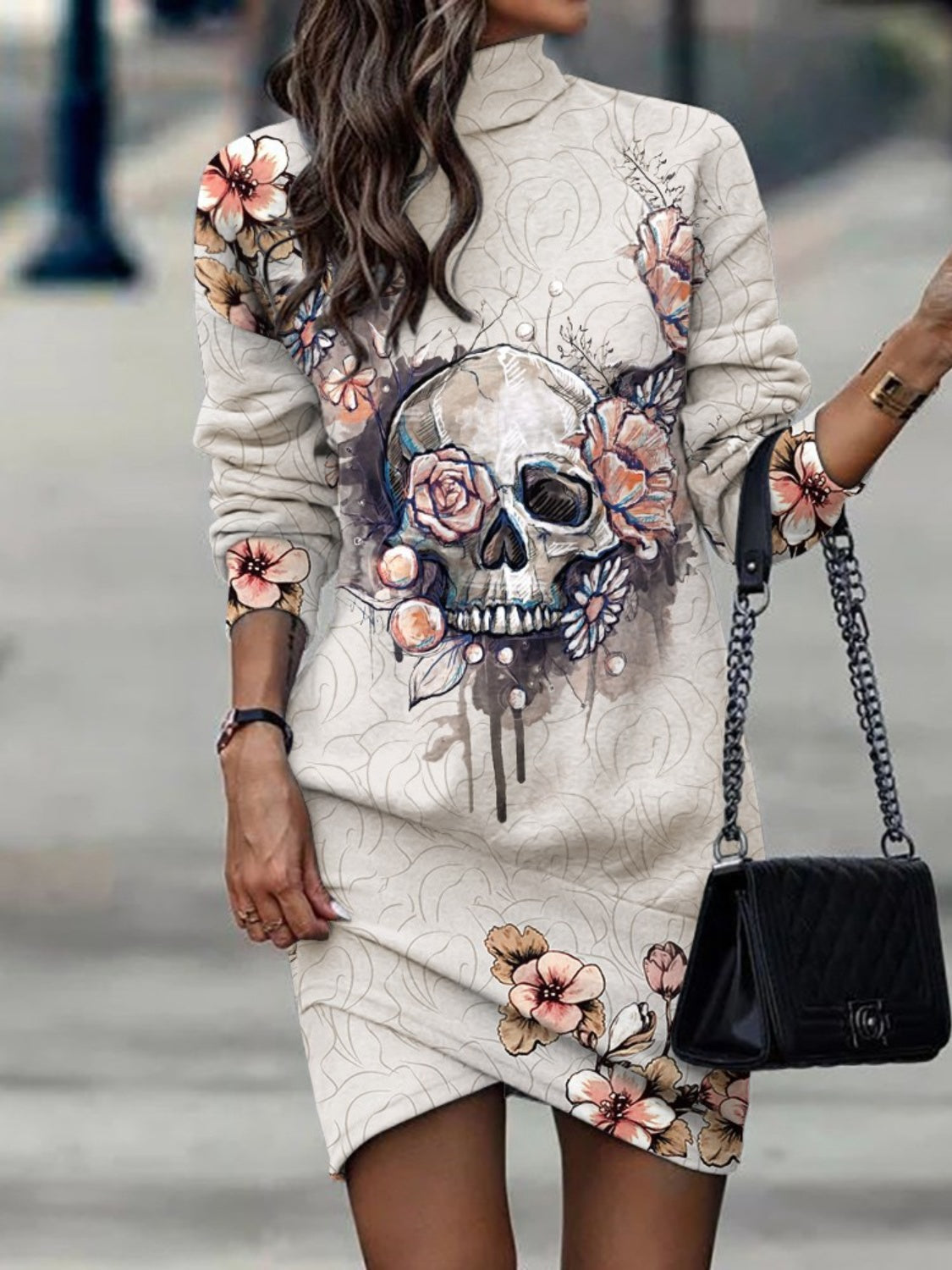 Printed Turtleneck Long Sleeve Mini Dress Light Gray