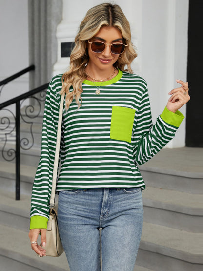 Pocketed Striped Round Neck Long Sleeve T-Shirt Dark Green