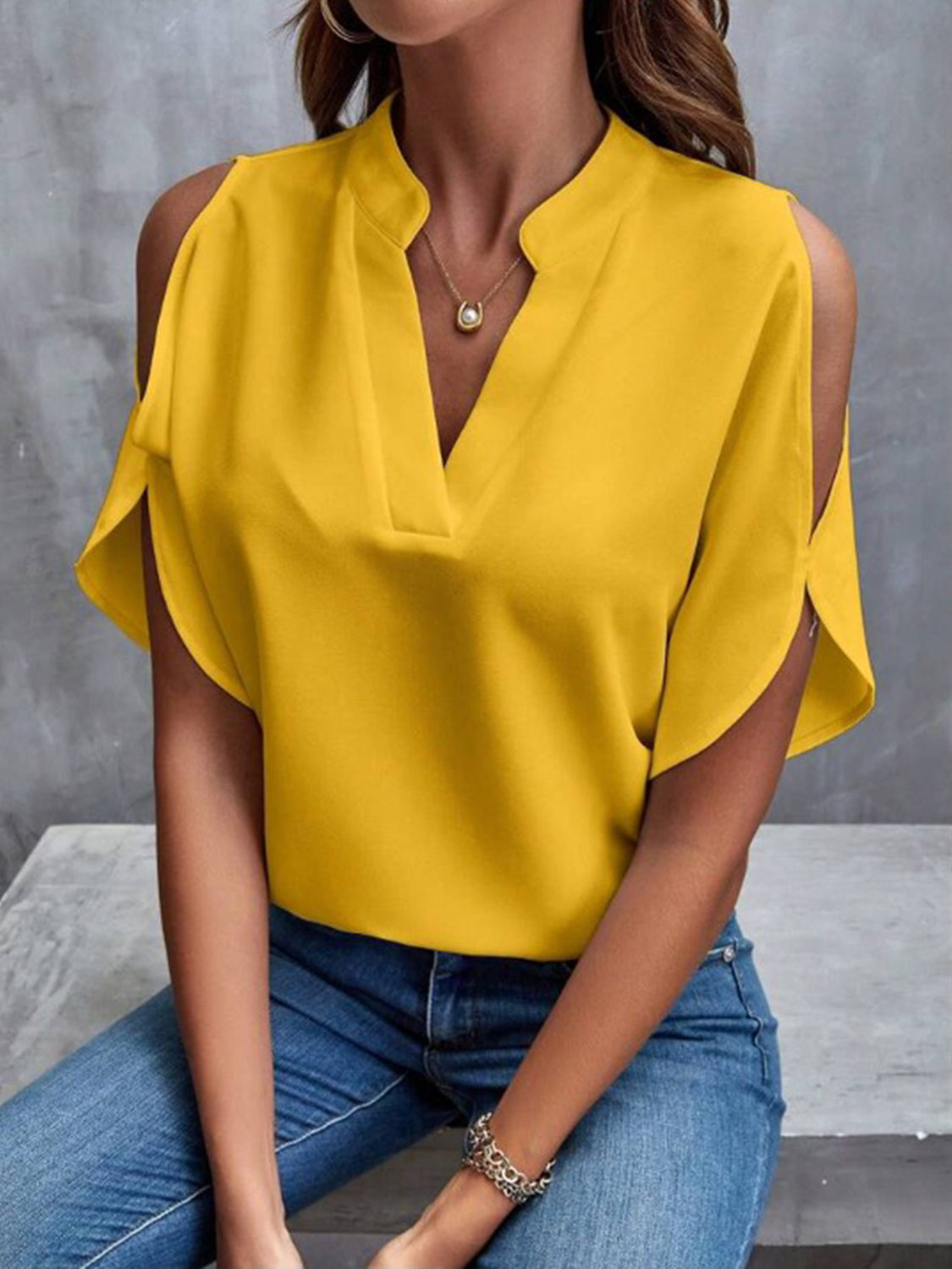 Notched Cold Shoulder Half Sleeve Blouse - Thandynie