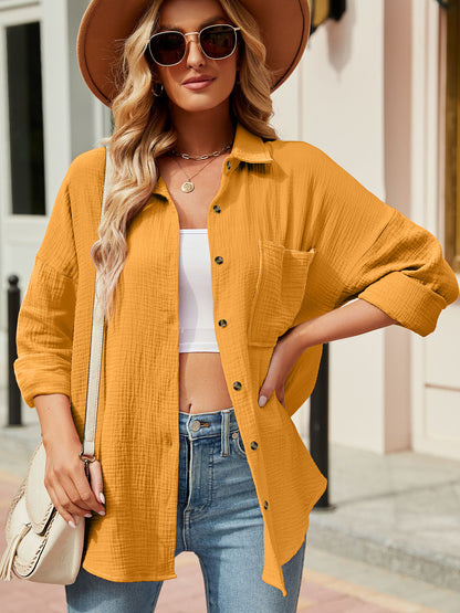 Button Up Collared Neck Drop Shoulder Shirt Gold