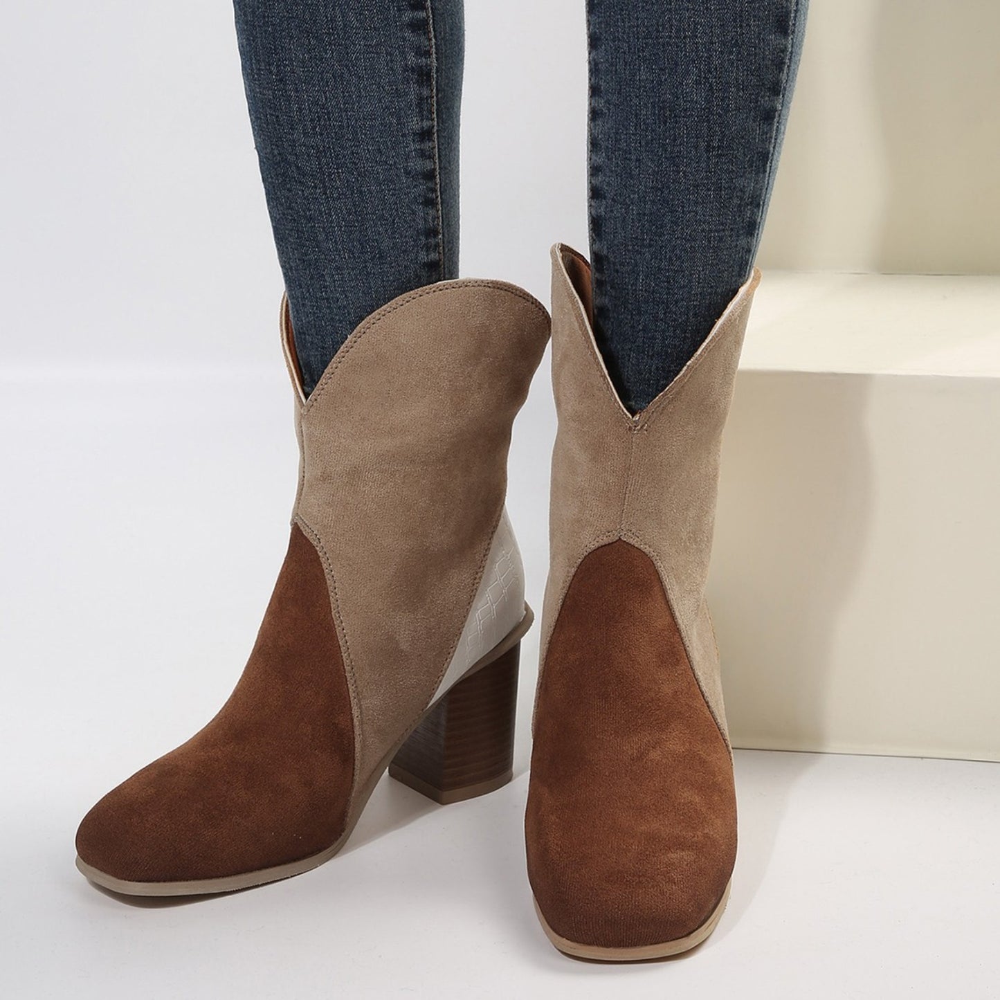 Suede Square Toe Block Heel Boots Brown