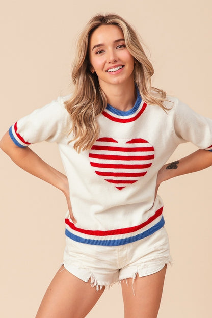 BiBi US Flag Theme Striped Heart Sweater Ivory