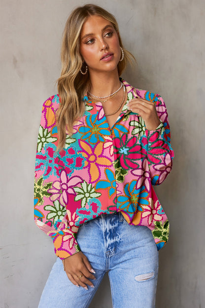 Printed Collared Neck Long Sleeve Shirt Pink