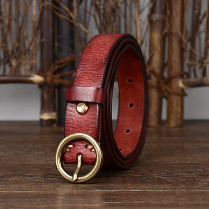 Women's Fashion Leather Jeans Belt With Brass Buckle Red Brown