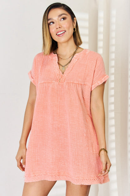 Zenana Washed Nochted Rolled Short Sleeve Dress Coral