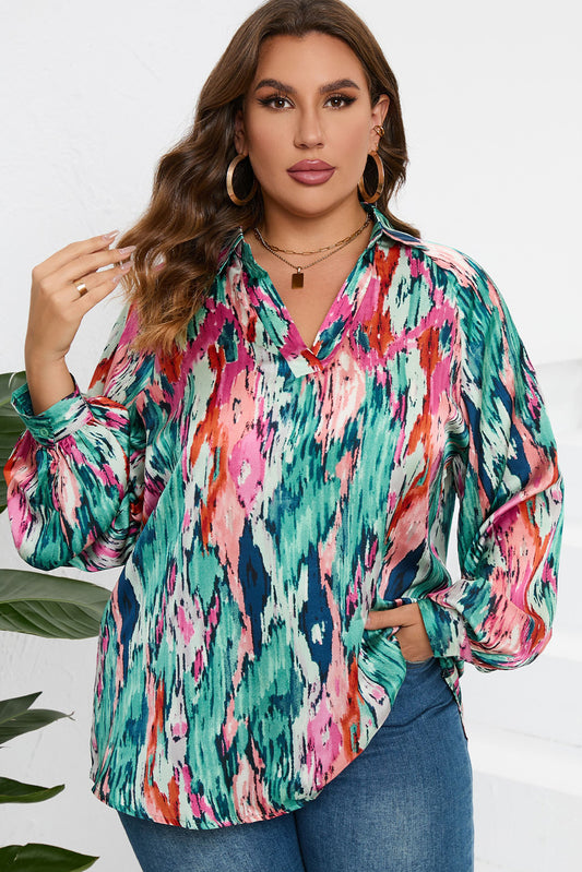 Plus Size Printed Johnny Collar Long Sleeve Blouse Turquoise