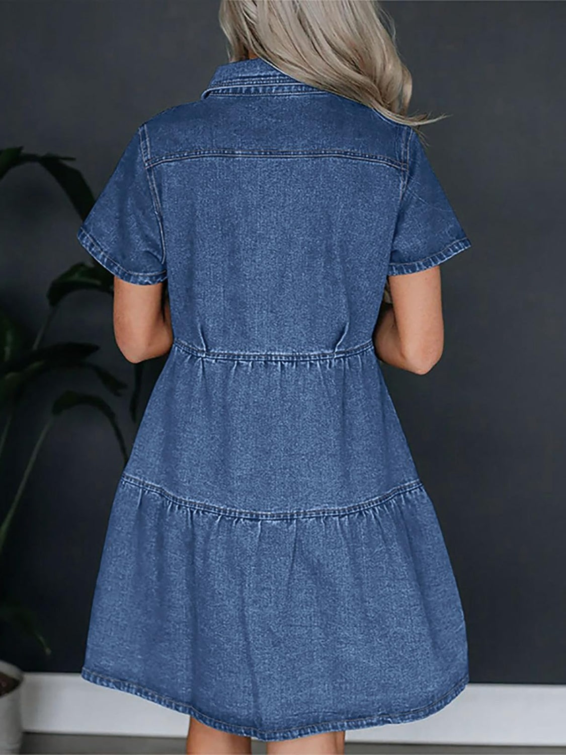 Pocketed Button Up Collared Neck Short Sleeve Denim Dress Dusty Blue