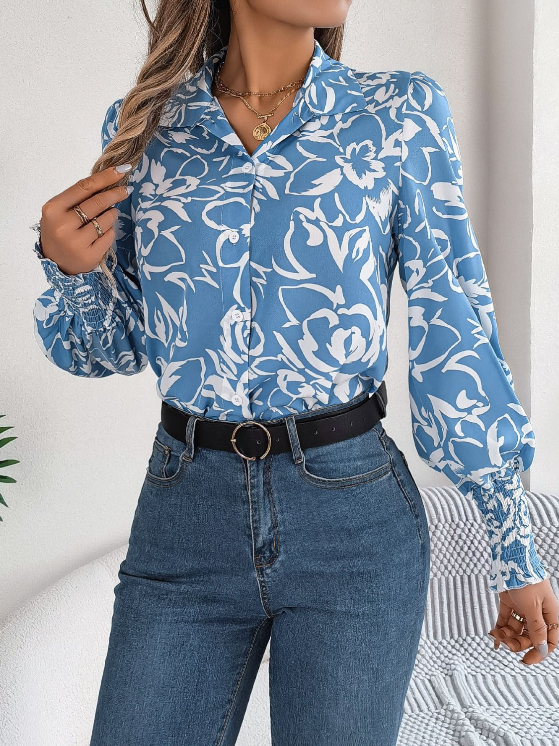 Printed Collared Neck Lantern Sleeve Shirt - Thandynie