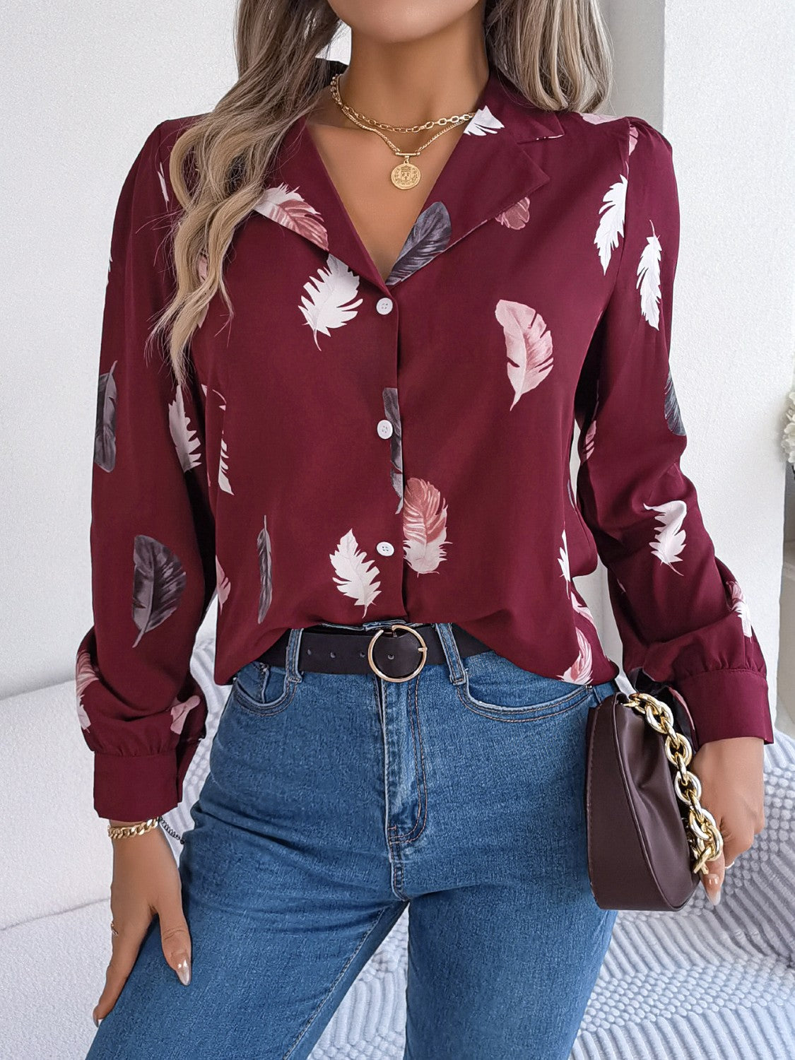 Button Up Printed Collared Neck Shirt Wine