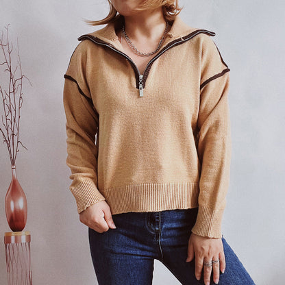 Exposed Seam Half Zip Sweater Tan