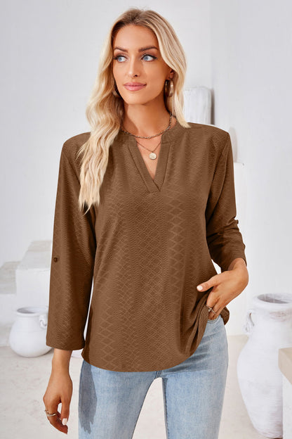 V-Neck Roll-Tap Sleeve Blouse Brown