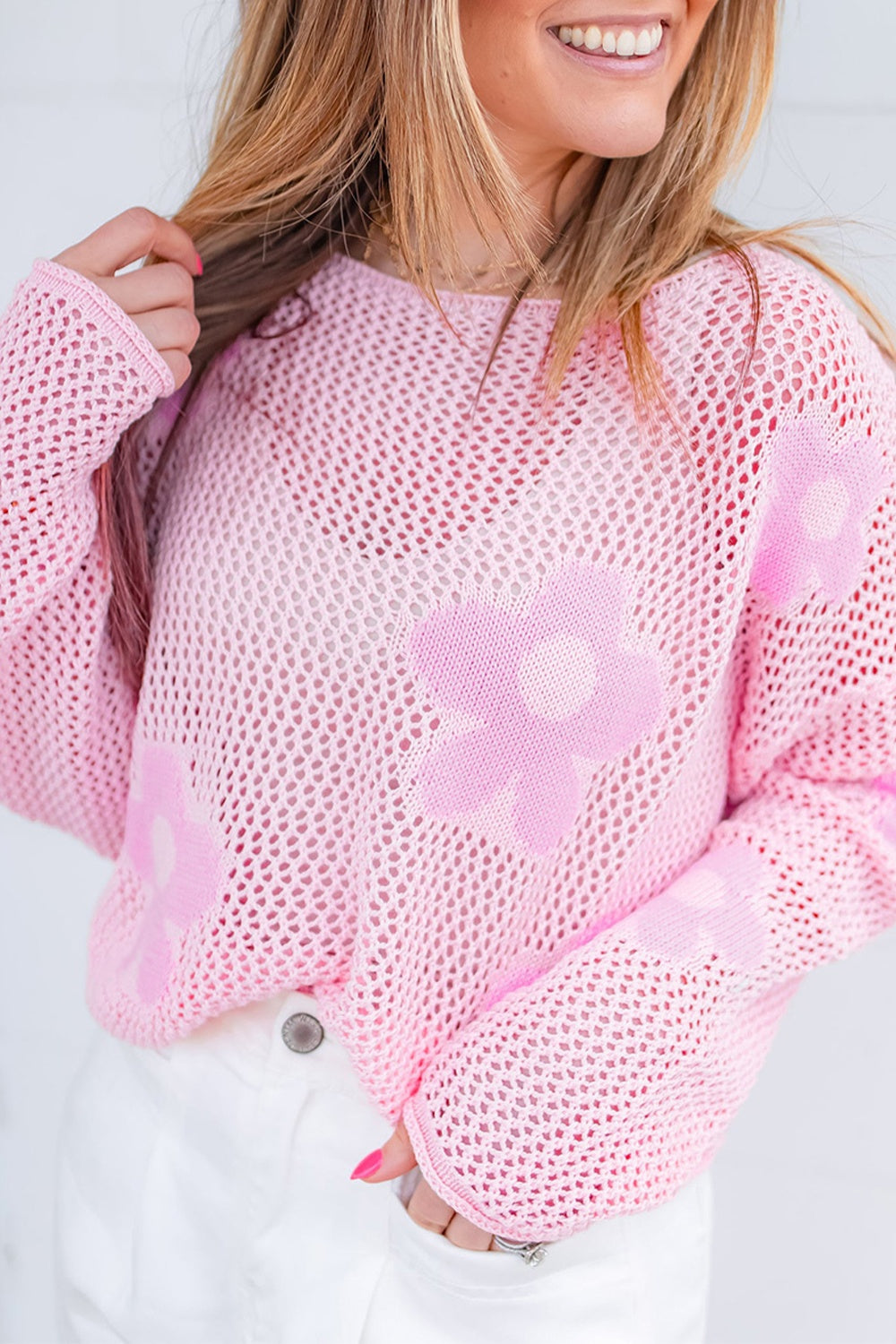 Flower Boat Neck Long Sleeve Knit Cover Up Blush Pink