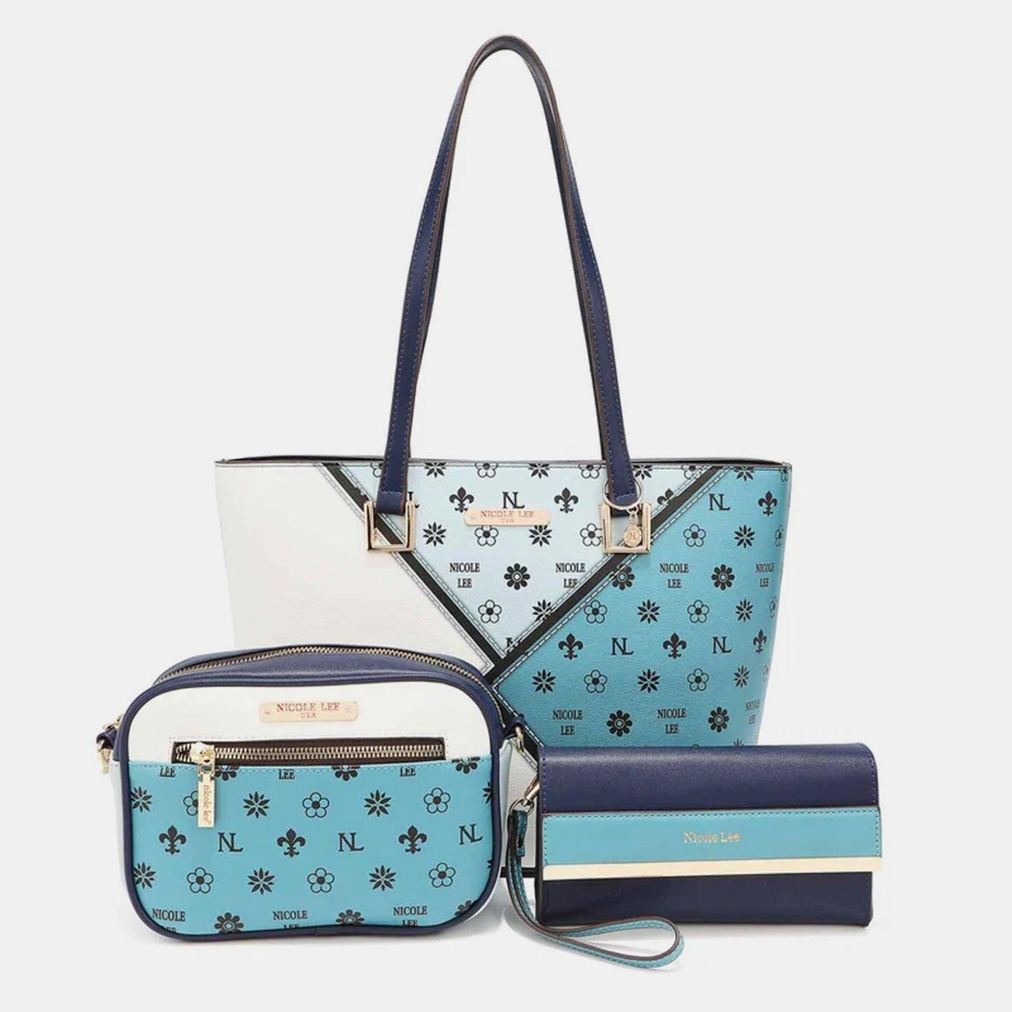 Nicole Lee USA 3-Piece Color Block Handbag Set BLUE One Size