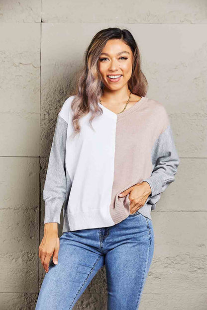 Double Take Color Block V-Neck Ribbed Trim Sweater Brown Gray White