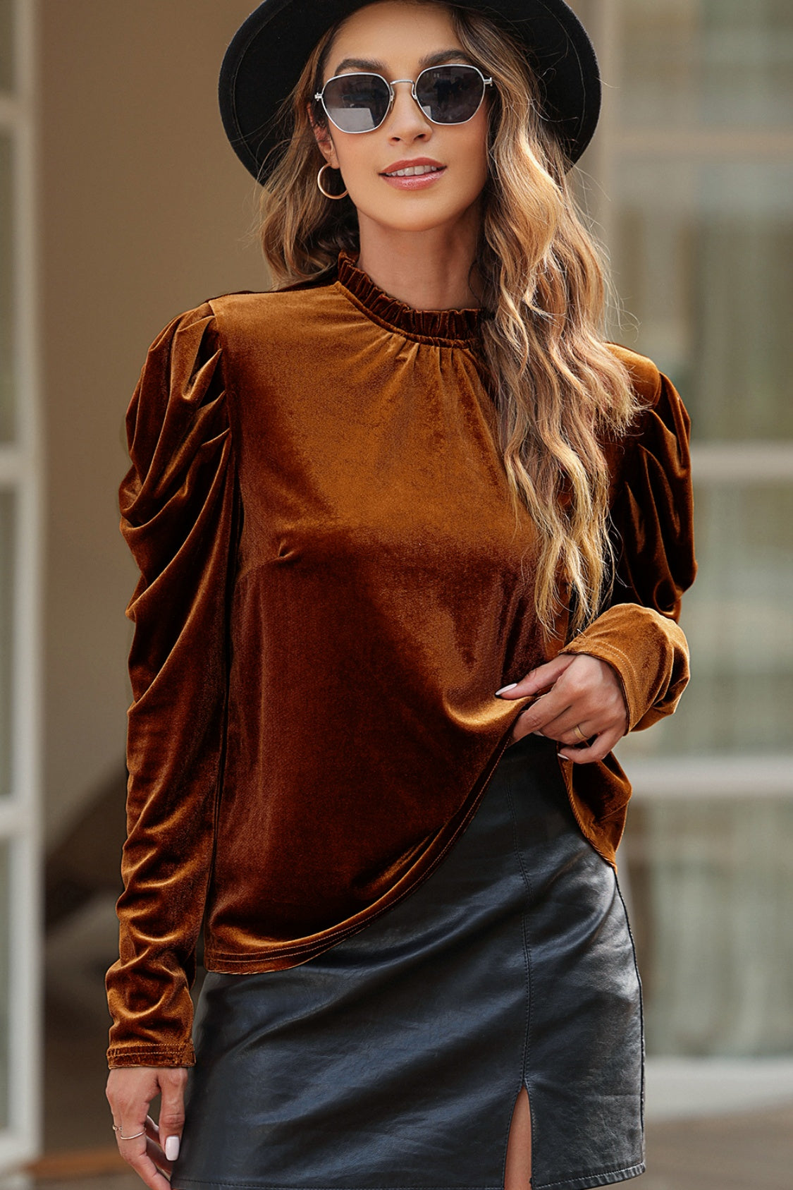 Round Neck Puff Sleeve Velvet Blouse Brown