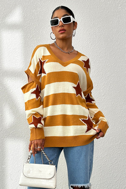 Star Pattern V-Neck Cutout Sweater Mustard