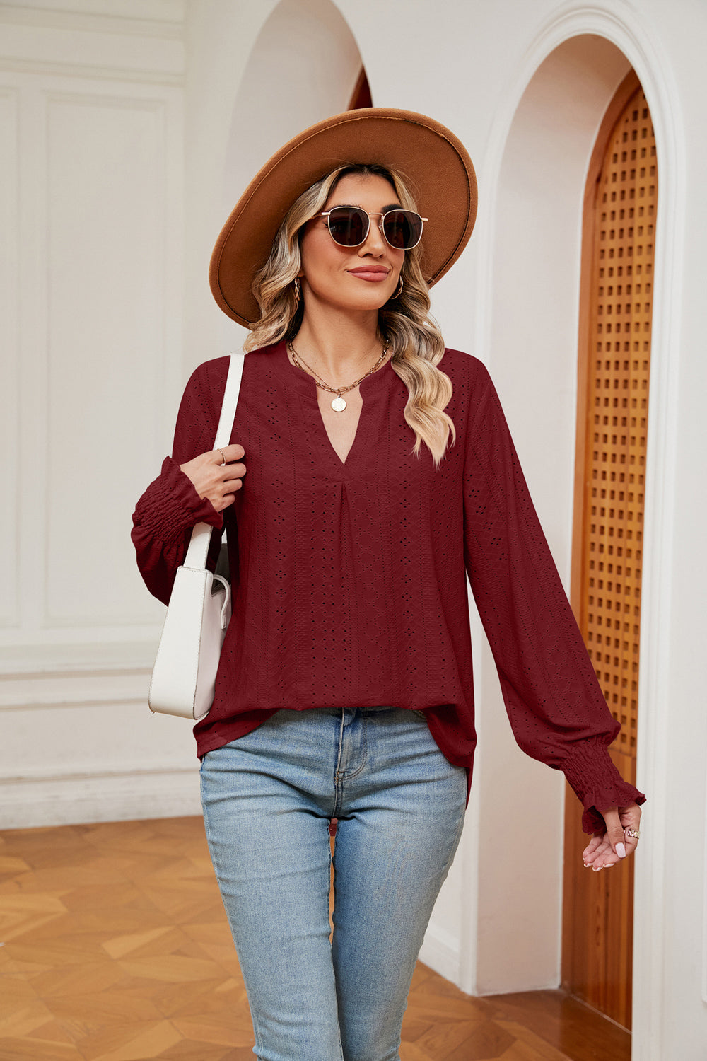 Notched Neck Flounce Sleeve Blouse Wine