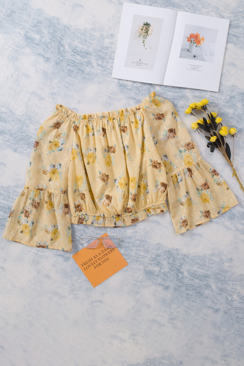 Yellow Bell Sleeves Floral Crop Top