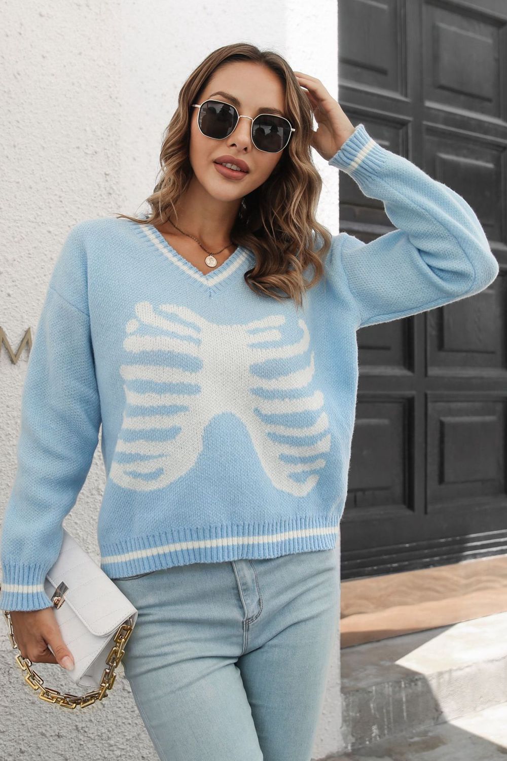 Skeleton Pattern V-Neck Long Sleeve Pullover Sweater Light Blue