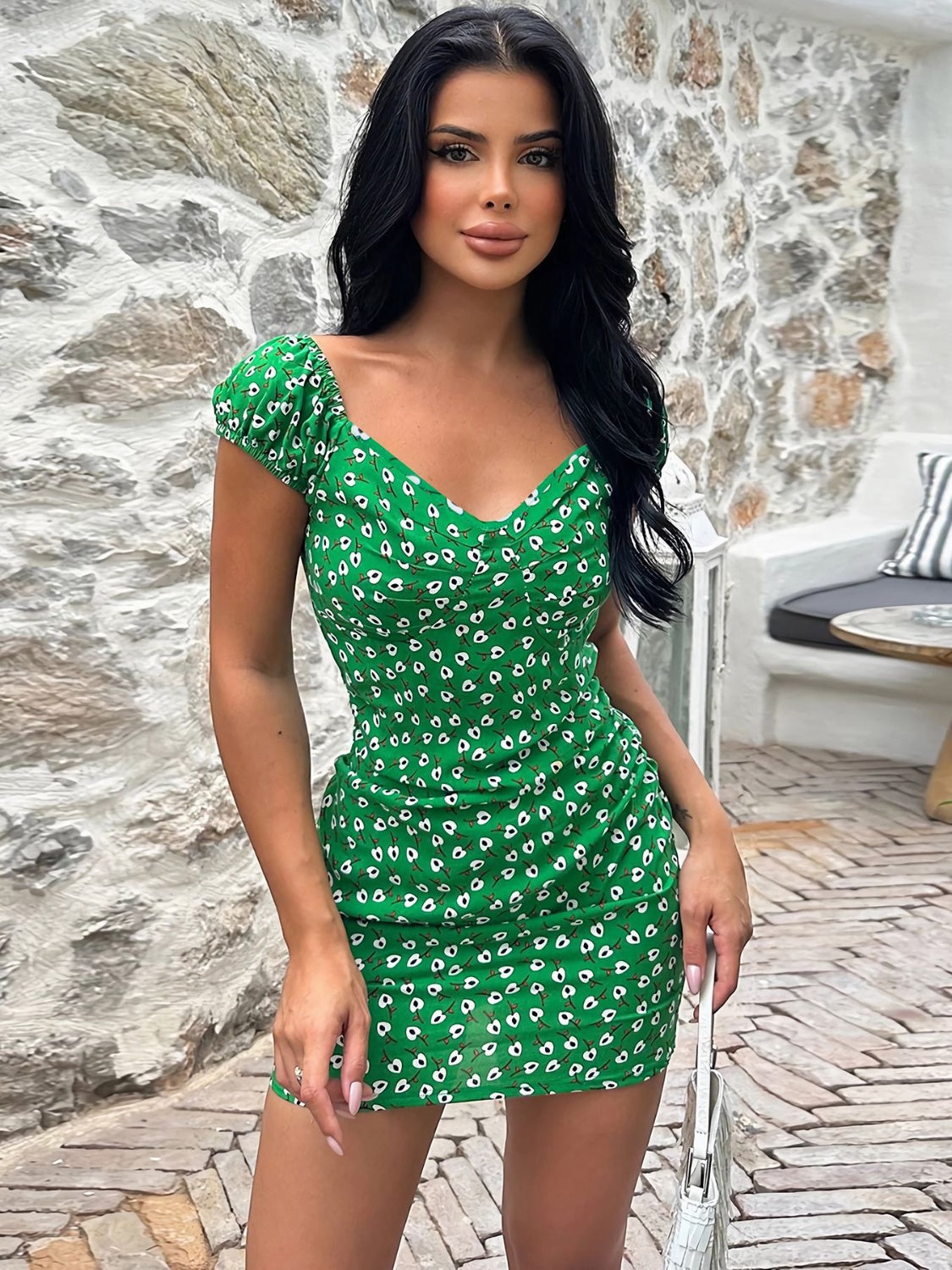 Printed V-Neck Short Sleeve Mini Dress Green