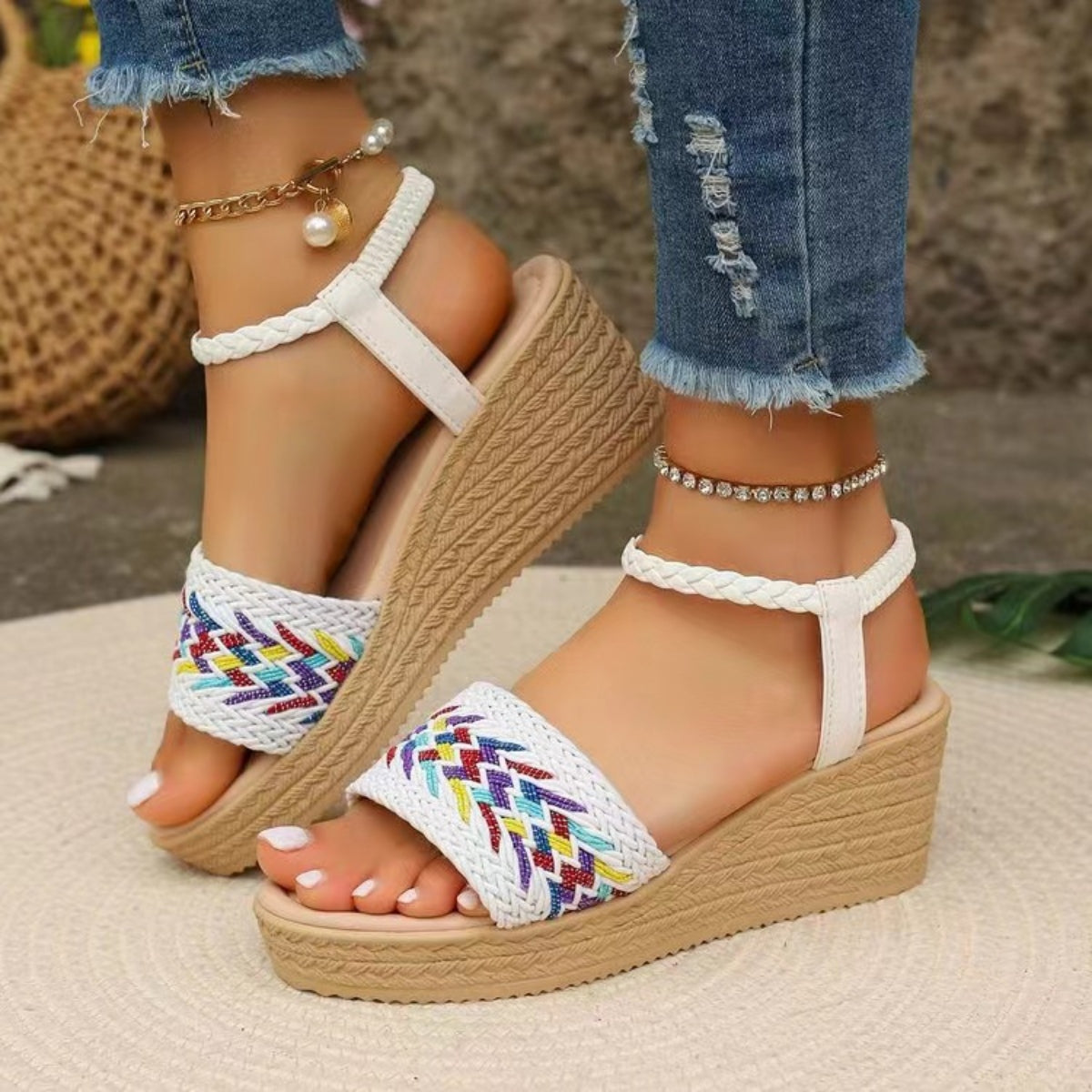 Open Toe Wedge Woven Sandals - Thandynie