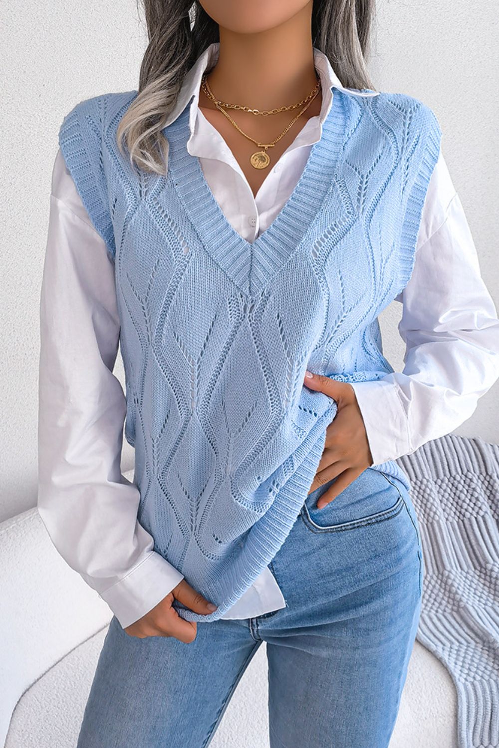 Openwork Ribbed Trim Sweater Vest Blue