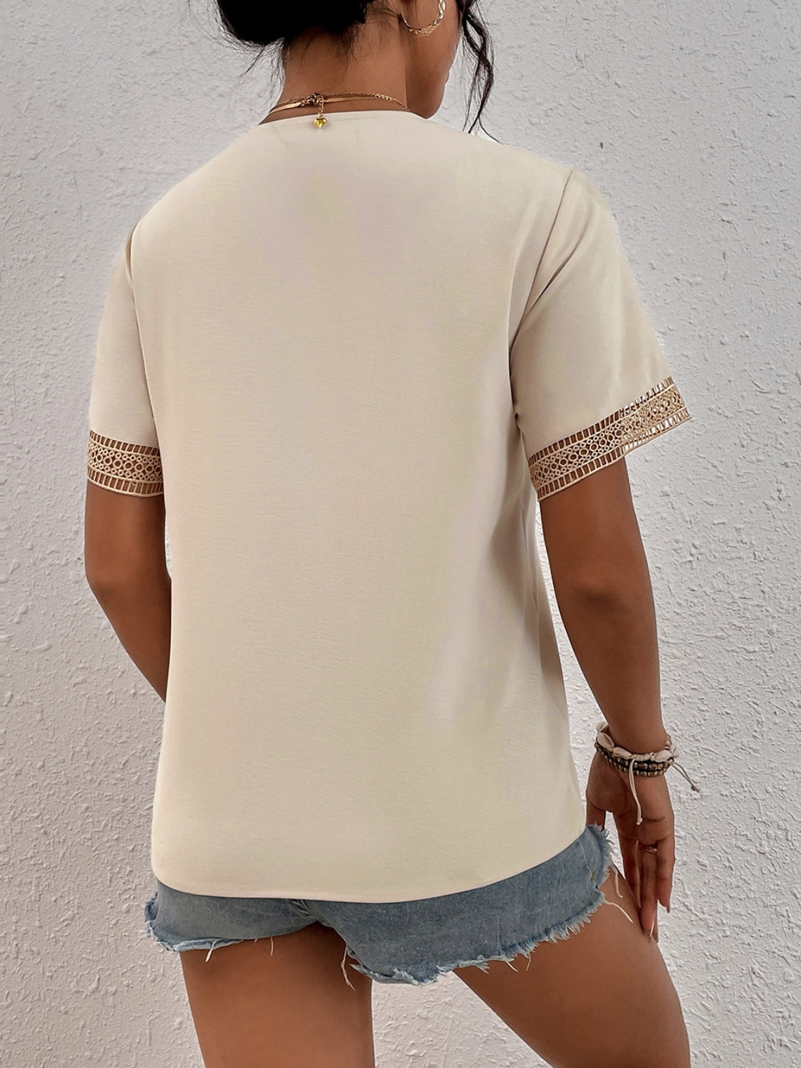 Eyelet V-Neck Short Sleeve T-Shirt